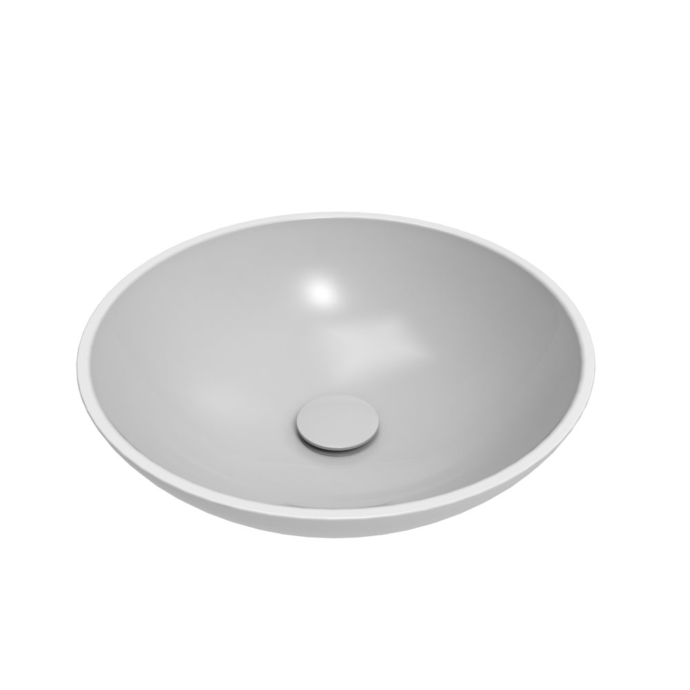 white round vessel sink with matching pop-up drain