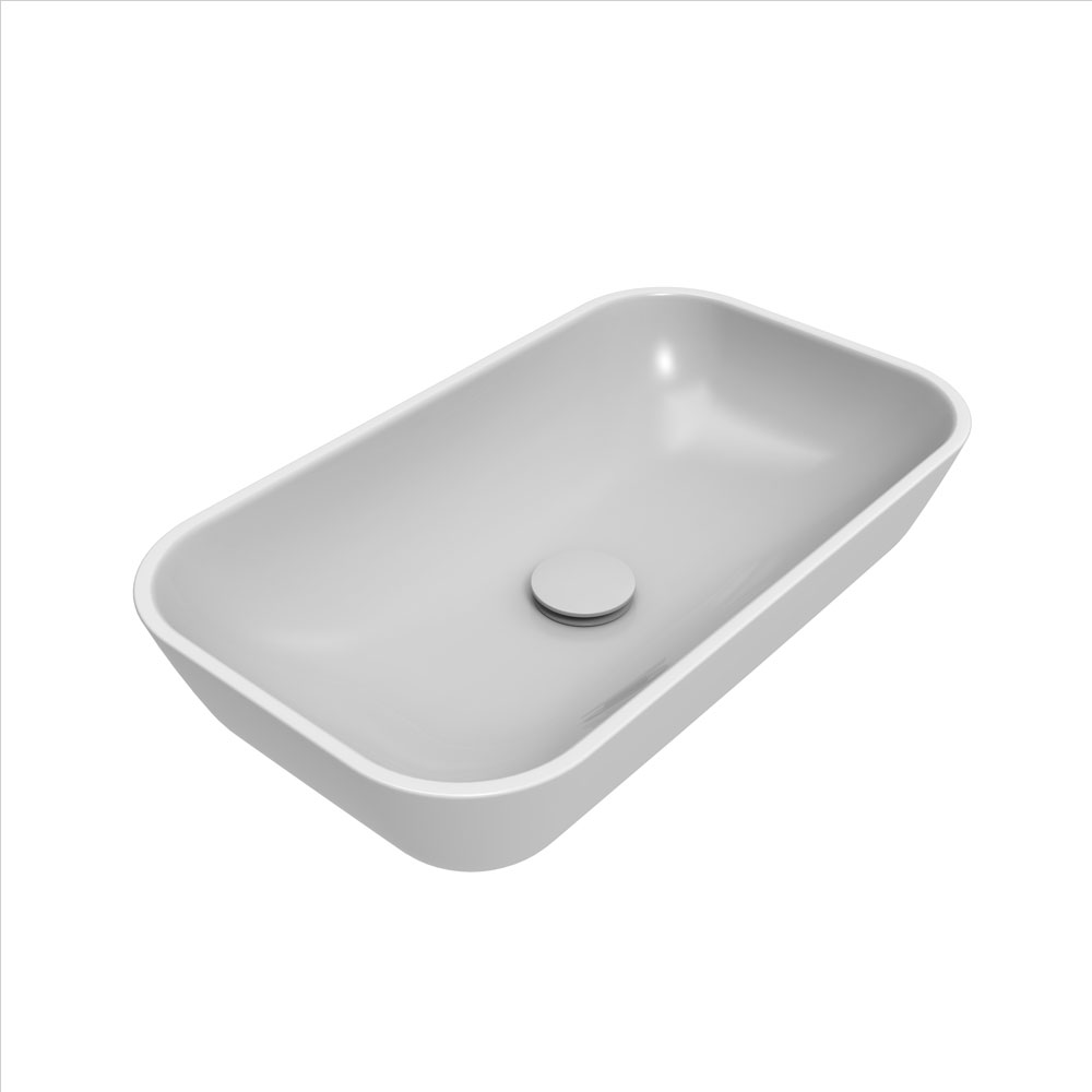 white rectangular vessel sink with matching pop-up drain
