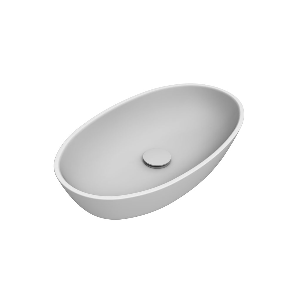 white oval vessel sink with matching pop-up drain