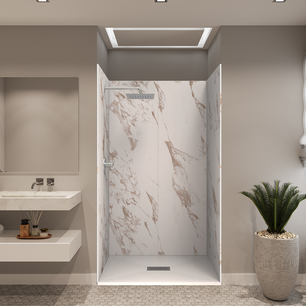 marble design shower kit with white shower base