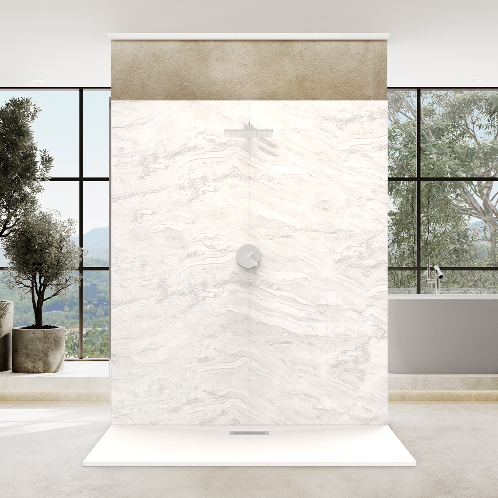 marble design corner shower kit with white shower base