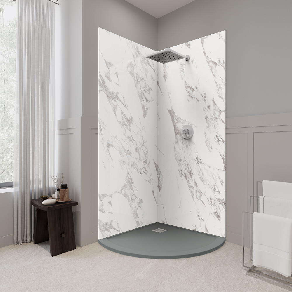 marble design corner shower kit with graphite shower base