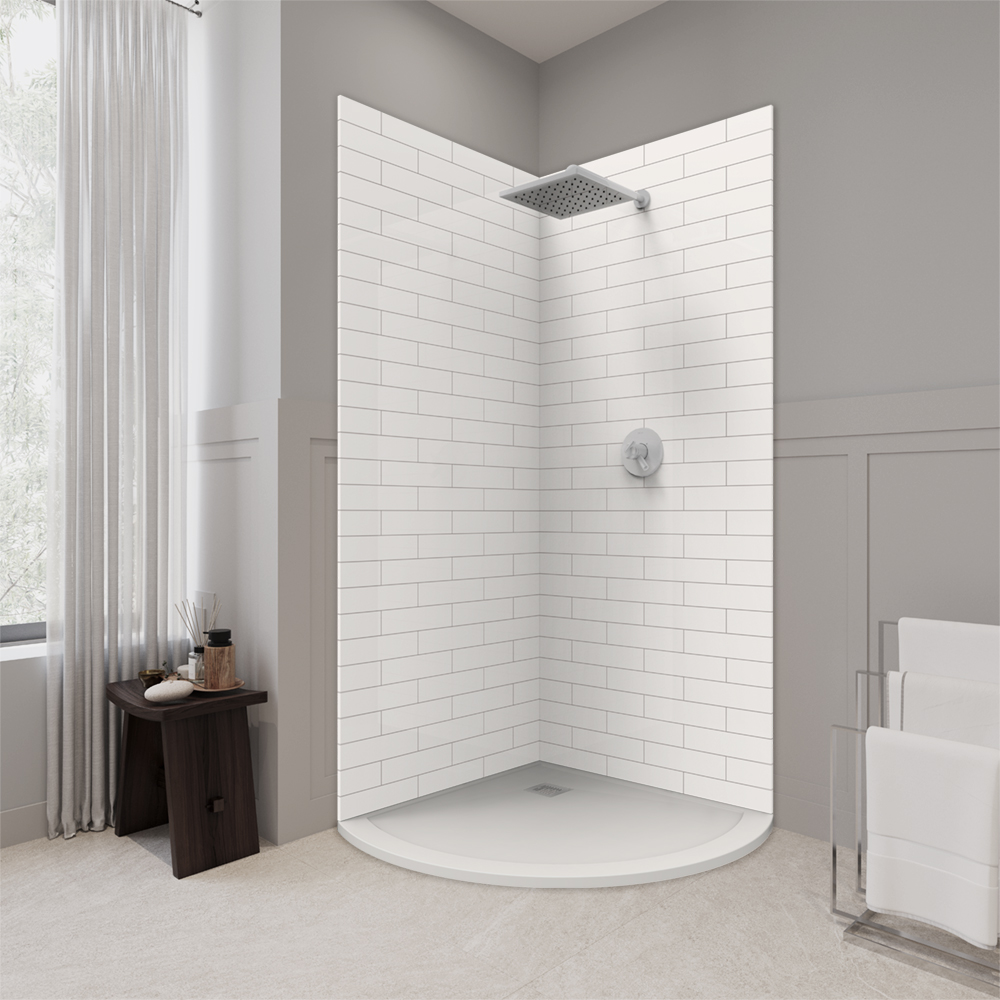 subway pattern corner shower kit with white shower base