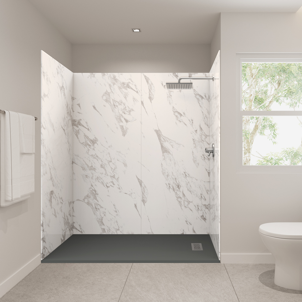 marble design shower kit with graphite shower base