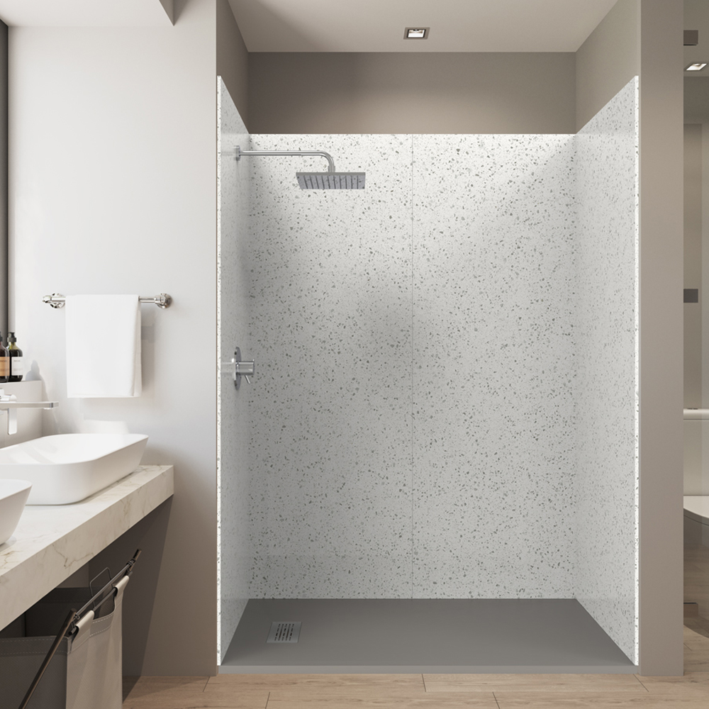 stone design shower kit with desert gray shower base