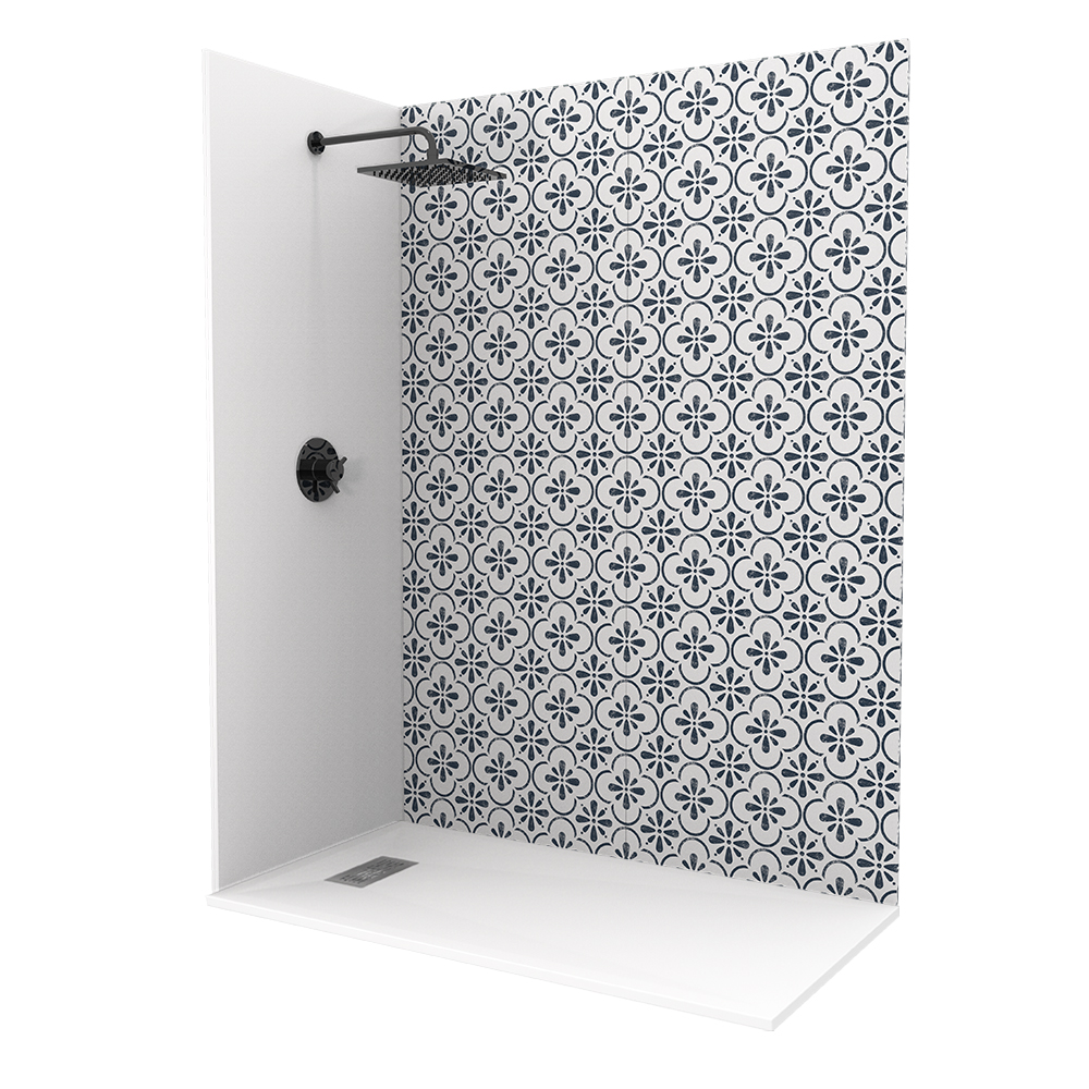 decorative pattern shower kit with white shower base